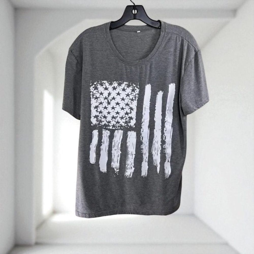 Gray Short Sleeve Tees with American Flag Design
